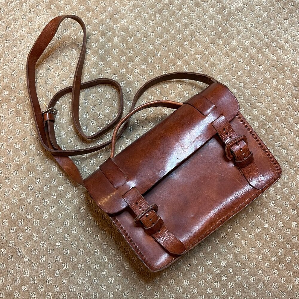 70s VTG Handmade Leather Box Purse Brown Buckle Handle Adjustable Strap Satchel